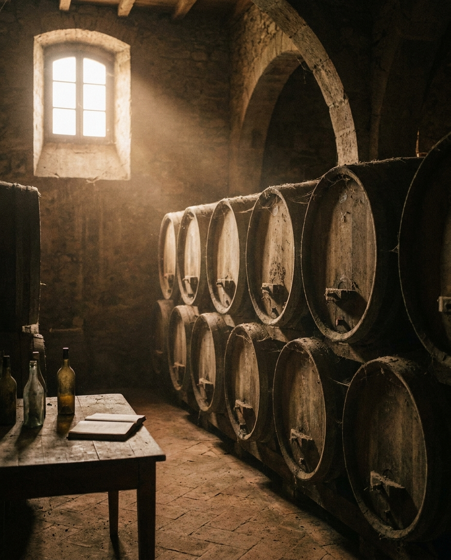 Wine cellar with oak barrels